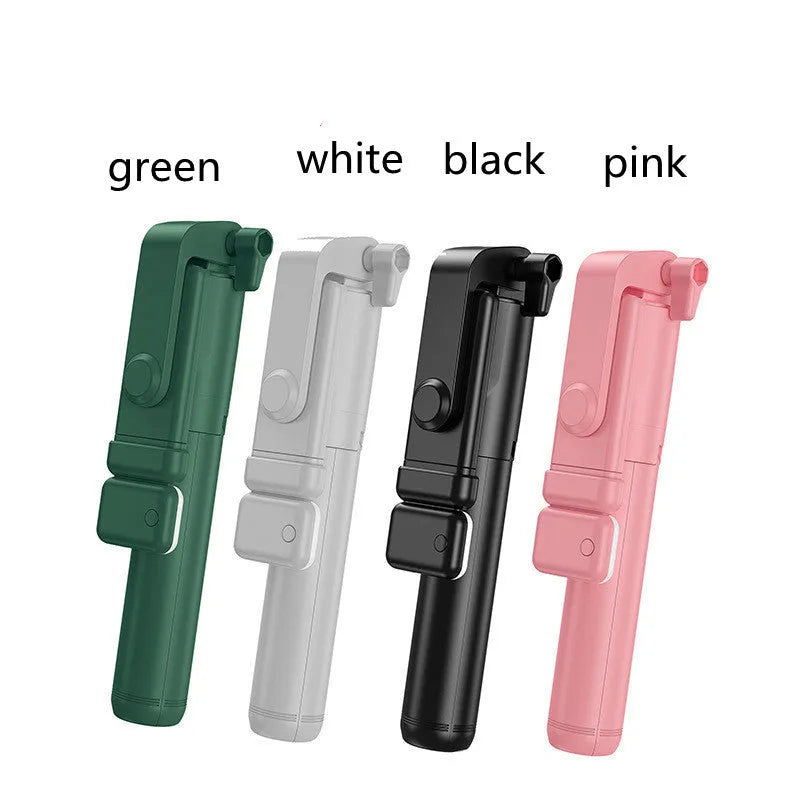 Black Bluetooth selfie stick with extended tripod legs and phone holder, shown with a smartphone attached.