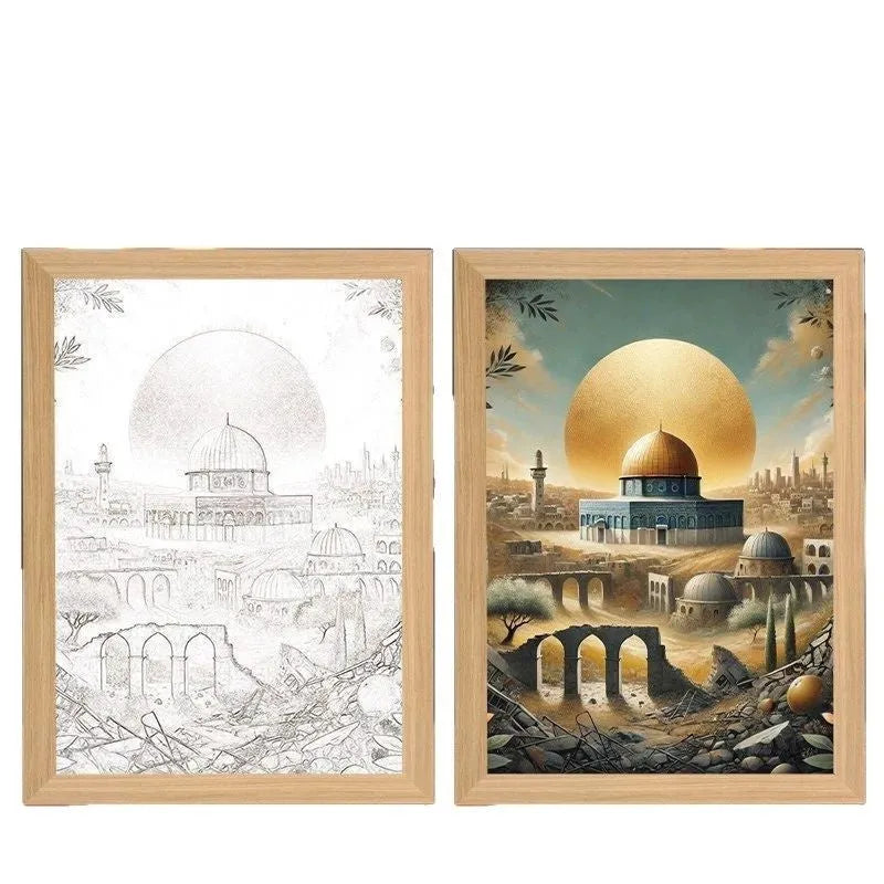 Modern rectangular LED light painting frame showing a sea and home scene on a wall.