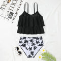 High waist two-piece swimsuit with adjustable ties in black or coconut tree floral print