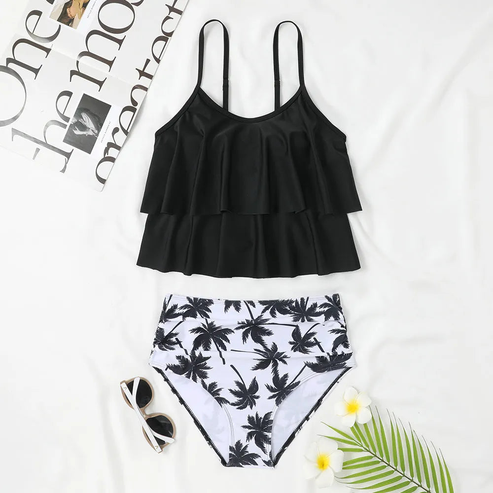 High waist two-piece swimsuit with adjustable ties in black or coconut tree floral print