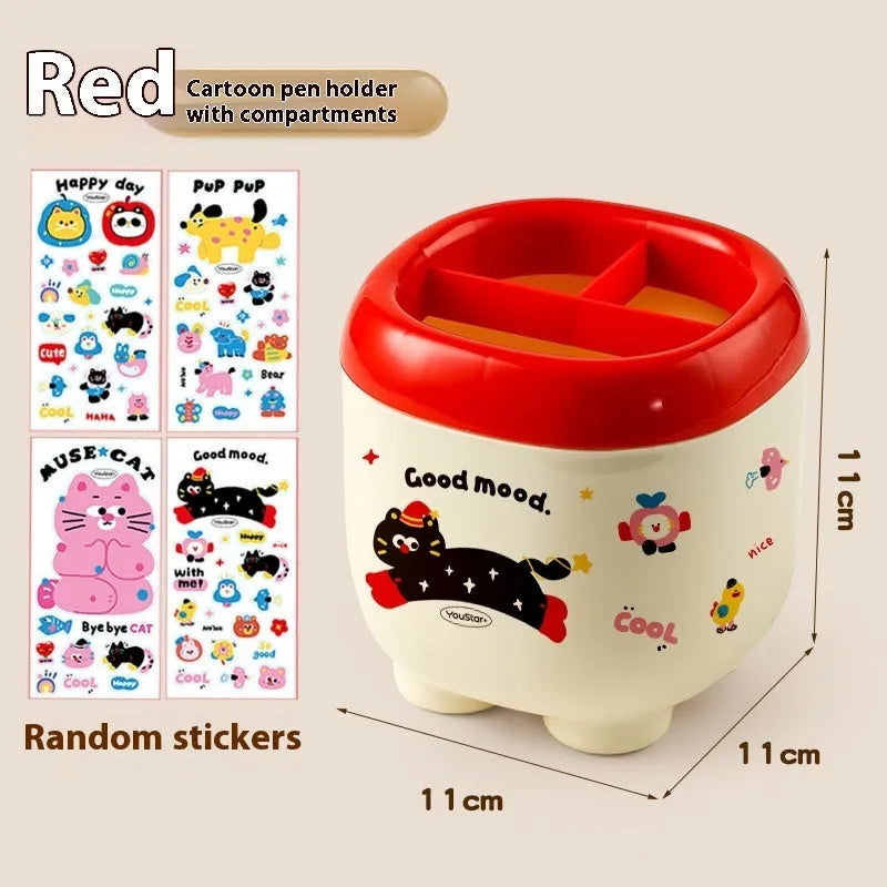 Red and brown cartoon-style plastic desktop storage organiser with grid compartments.