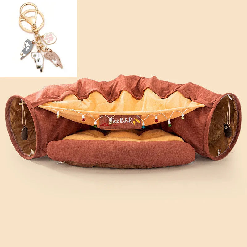 Collapsible cloth cat tunnel shown in one of four colour options: bar, coffee, matcha, or pink.