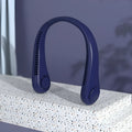 Blue USB rechargeable portable neck fan with bladeless design being worn