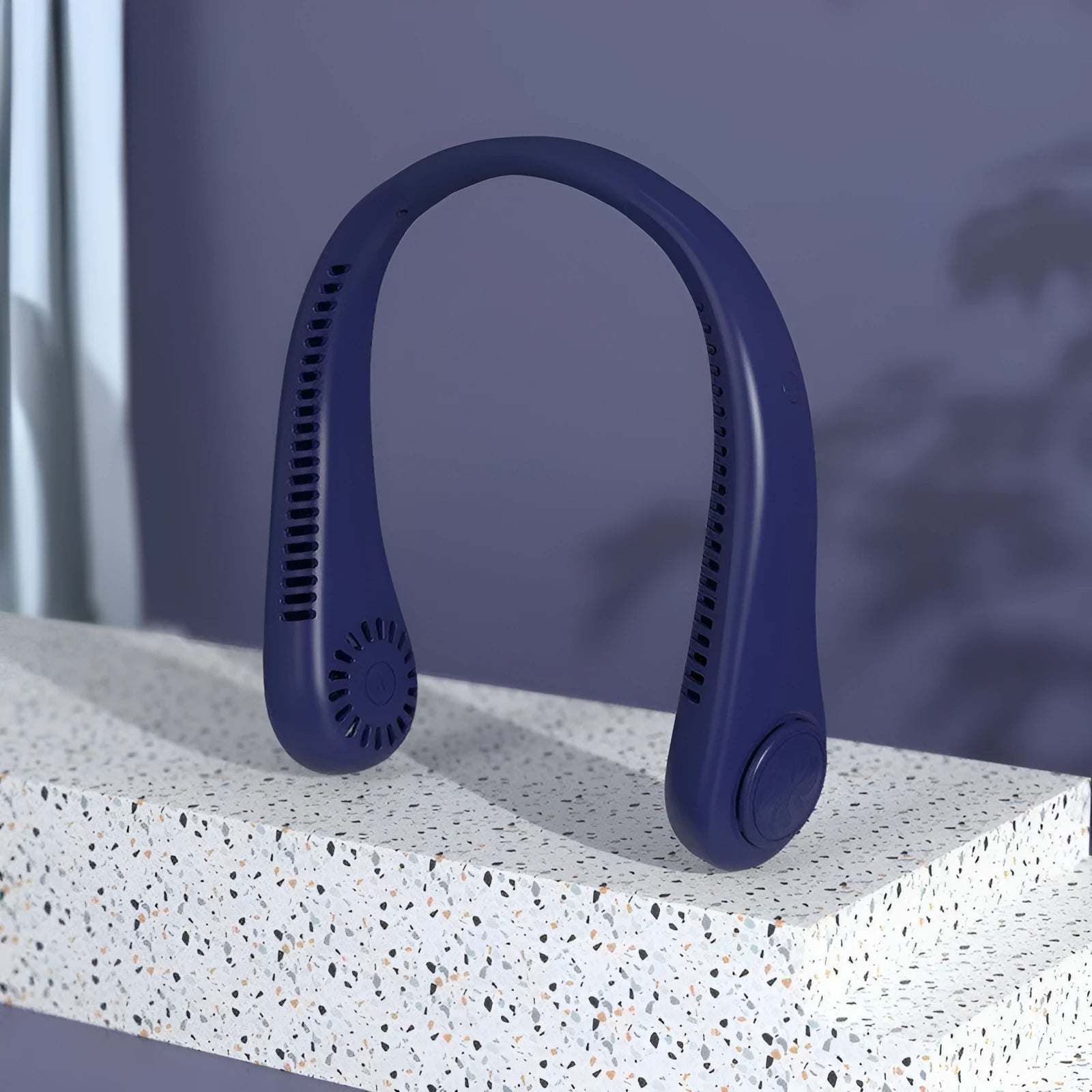Blue USB rechargeable portable neck fan with bladeless design being worn