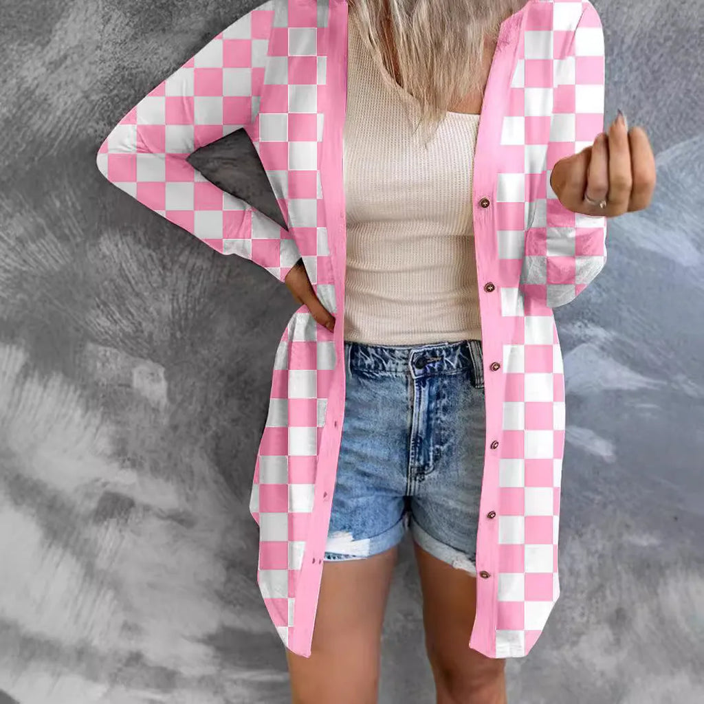 Women's long grey plaid coat cardigan with loose knitted design and regular sleeves