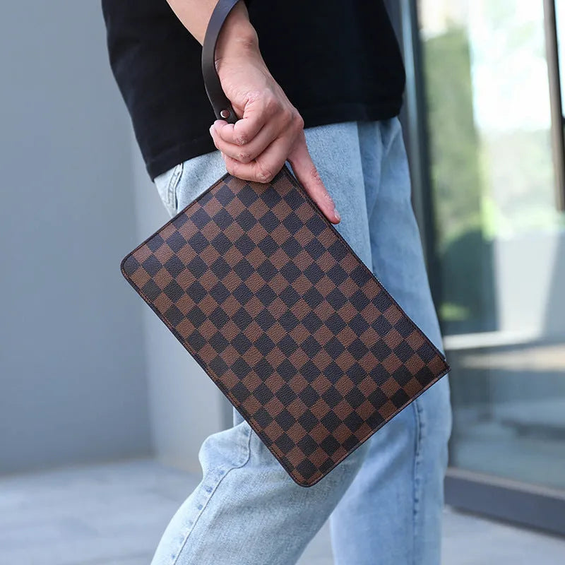 Men's black checkered PU leather business clutch wallet showing card slots and zipper pocket