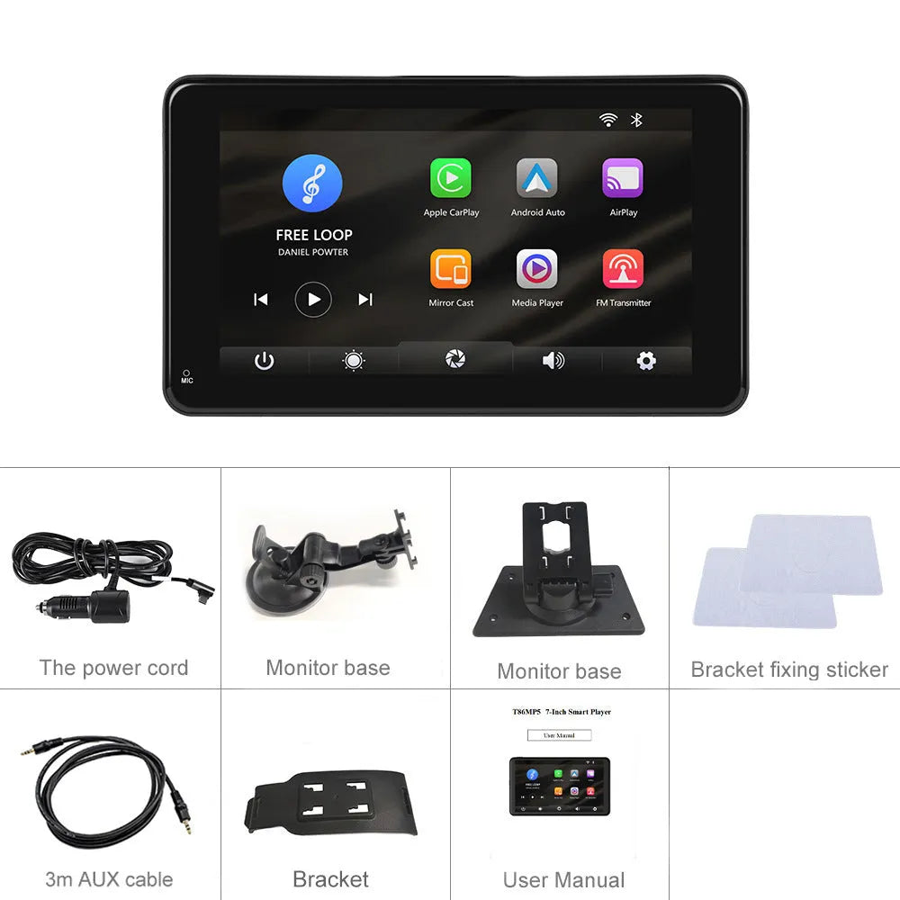 7-inch HD wired car screen player with universal support mounts on black background