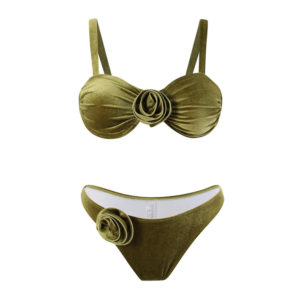 Women's A371 green briefs swimsuit with 3D floral pattern and polyester lining.