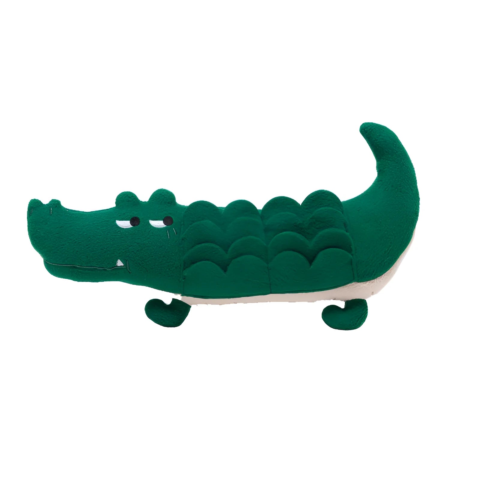 Green plush dog toy on a white background showing its 35cm height and soft fabric texture.