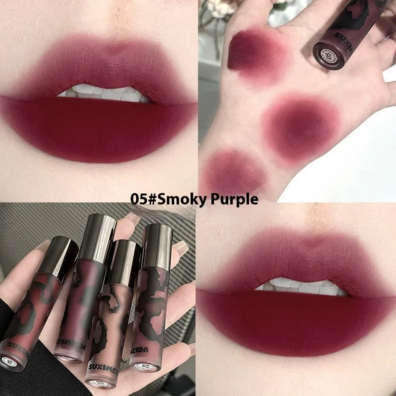 Lava Secret Matte Lip Mud Lipstick in five colours: Orange Brown Coffee, Cool Gray, Cinnamon Coffee, Jujube Red, Smoked Purple.