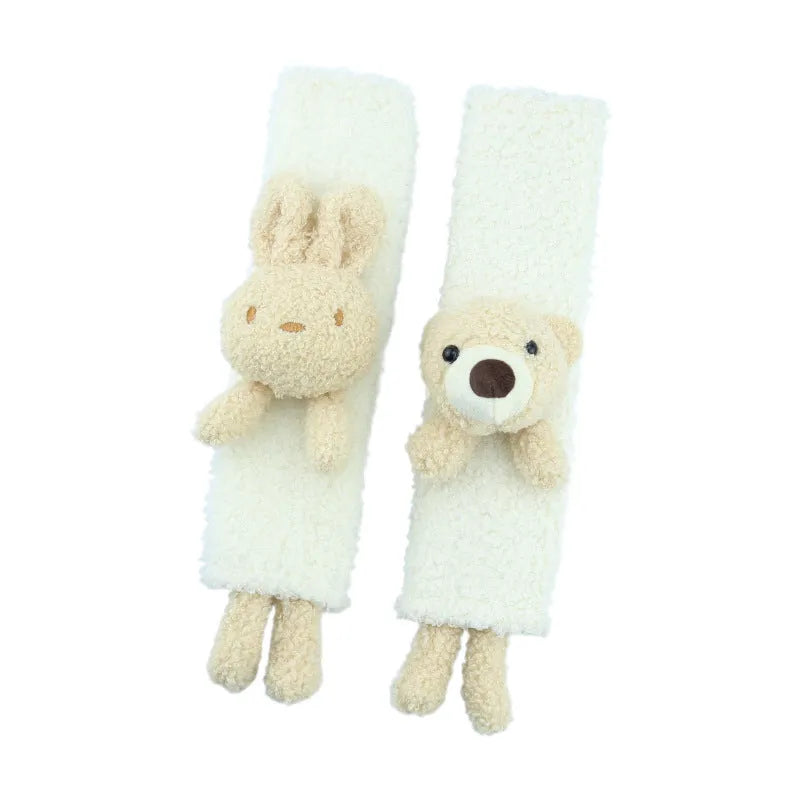 Cartoon plush car seat belt shoulder protector with rabbit and bear designs in lamb wool material