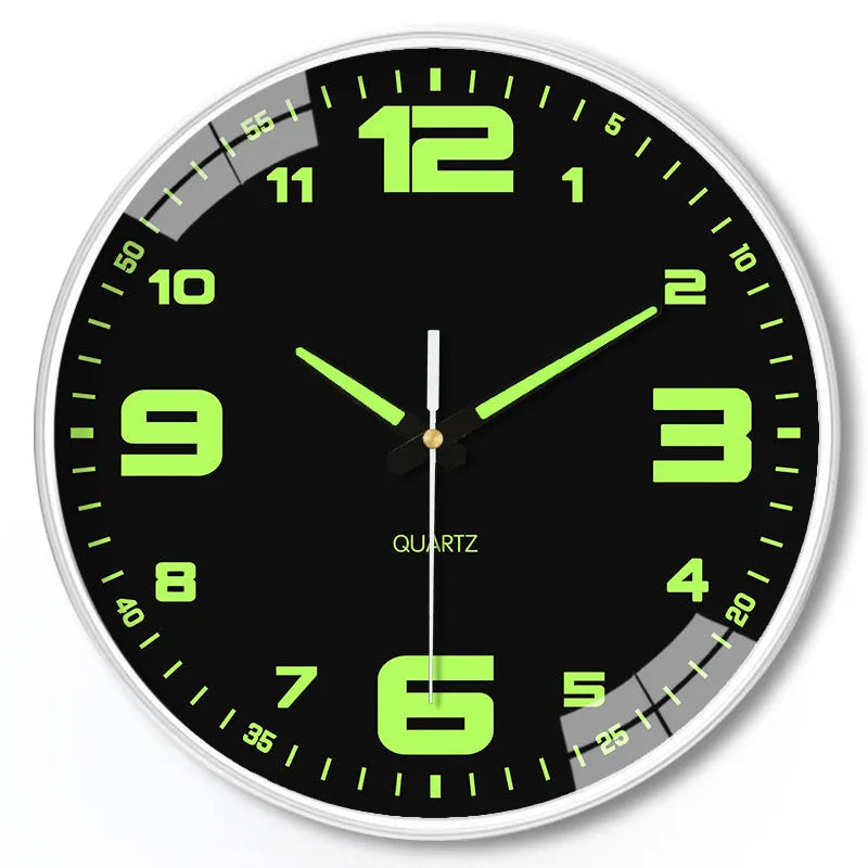 Modern 8 inch diameter luminous wall clock with silent movement on a wall.