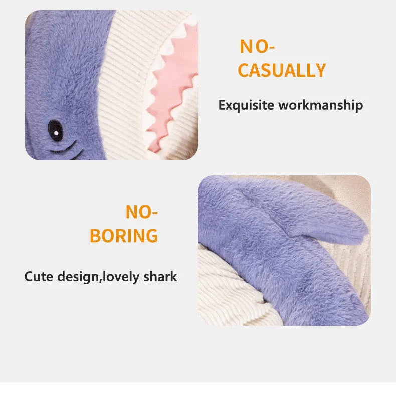 Blue shark pattern pet bed with anti-slip base showing velvet fabric texture