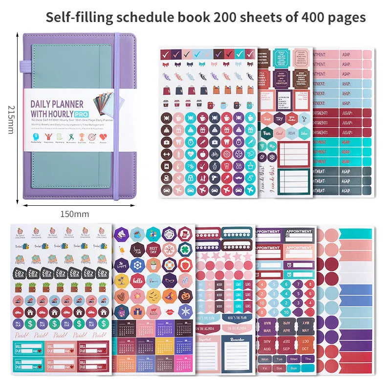 A5 no-date notebook with soft PU cover shown in purple, green, grey, black, pink, and orange, with planning stickers