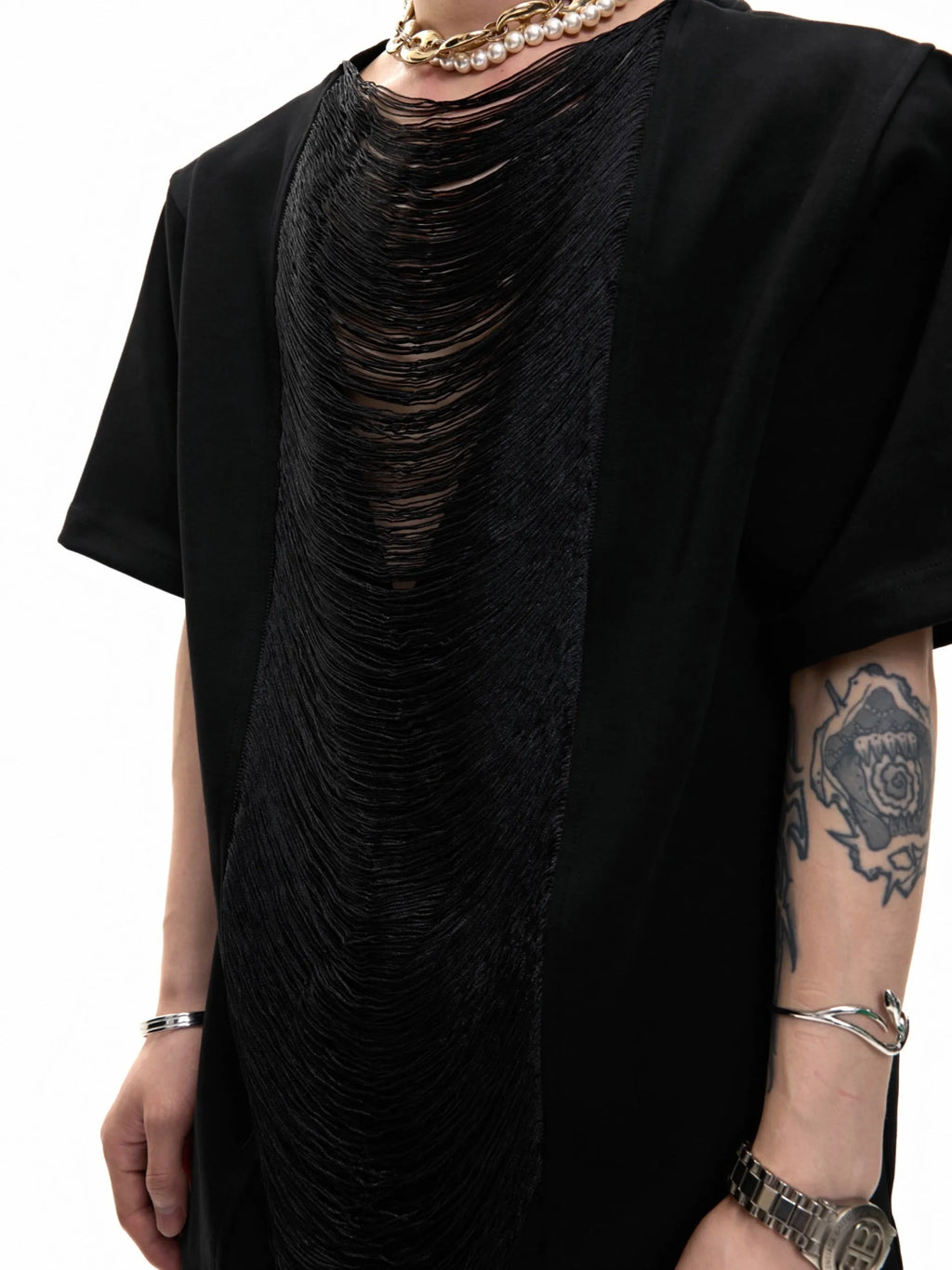 Black men's V-neck short sleeve polyester T-shirt with loose fit and tassel detailing