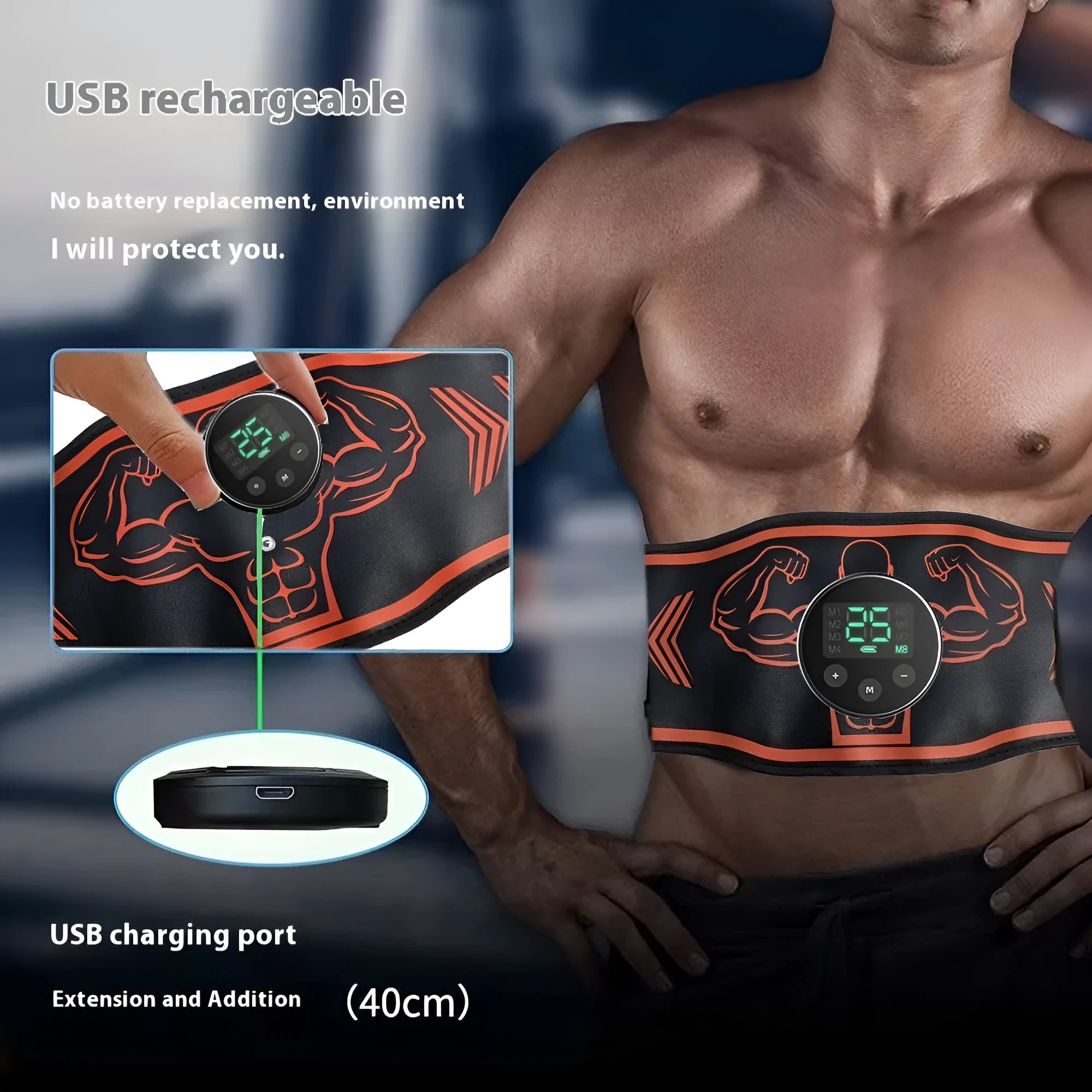 Blue and orange EMS smart massage belt with arm stickers and rechargeable host unit