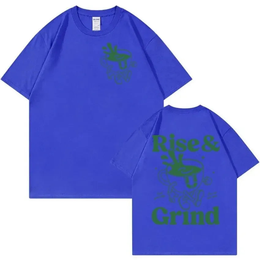 Loose fit men's cartoon t-shirt with Rise And Grind Green Coffee Fun Expression Bag graphic print.
