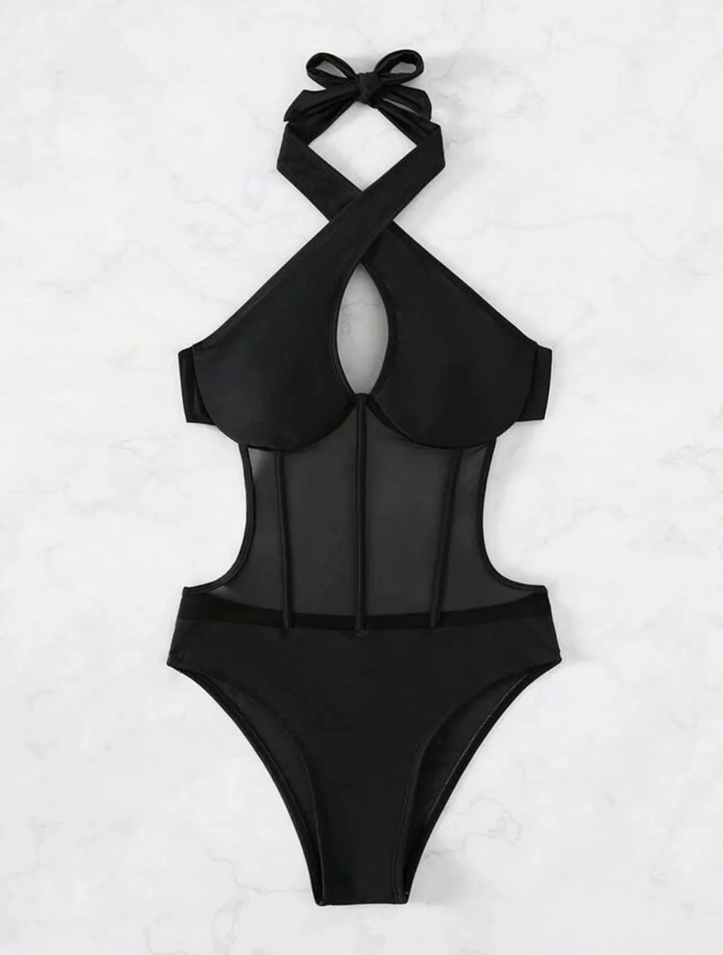 Ladies black one-piece swimsuit made from nylon and spandex blend fabric
