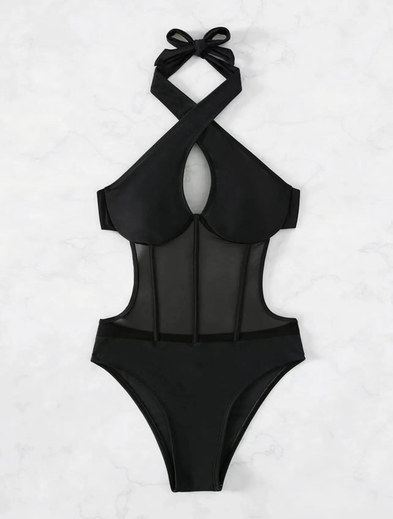 Ladies black one-piece swimsuit made from nylon and spandex blend fabric