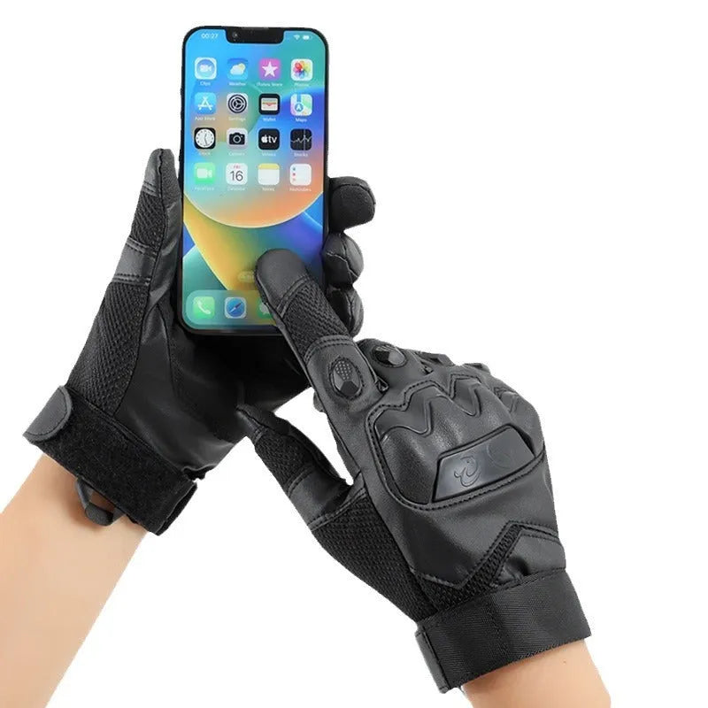 Men's black tactical full-finger gloves with touch screen capability on the fingertips.