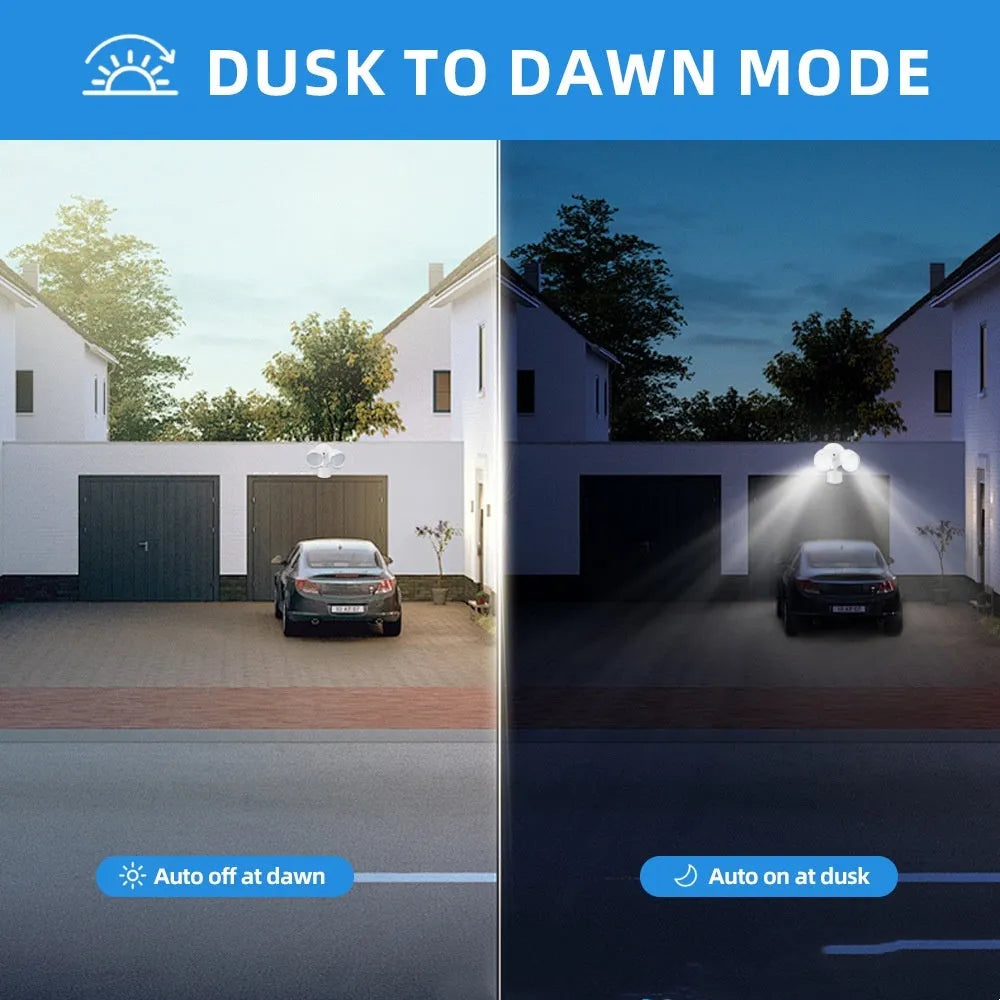 White LED security floodlight with infrared motion sensor for courtyard and garage installation