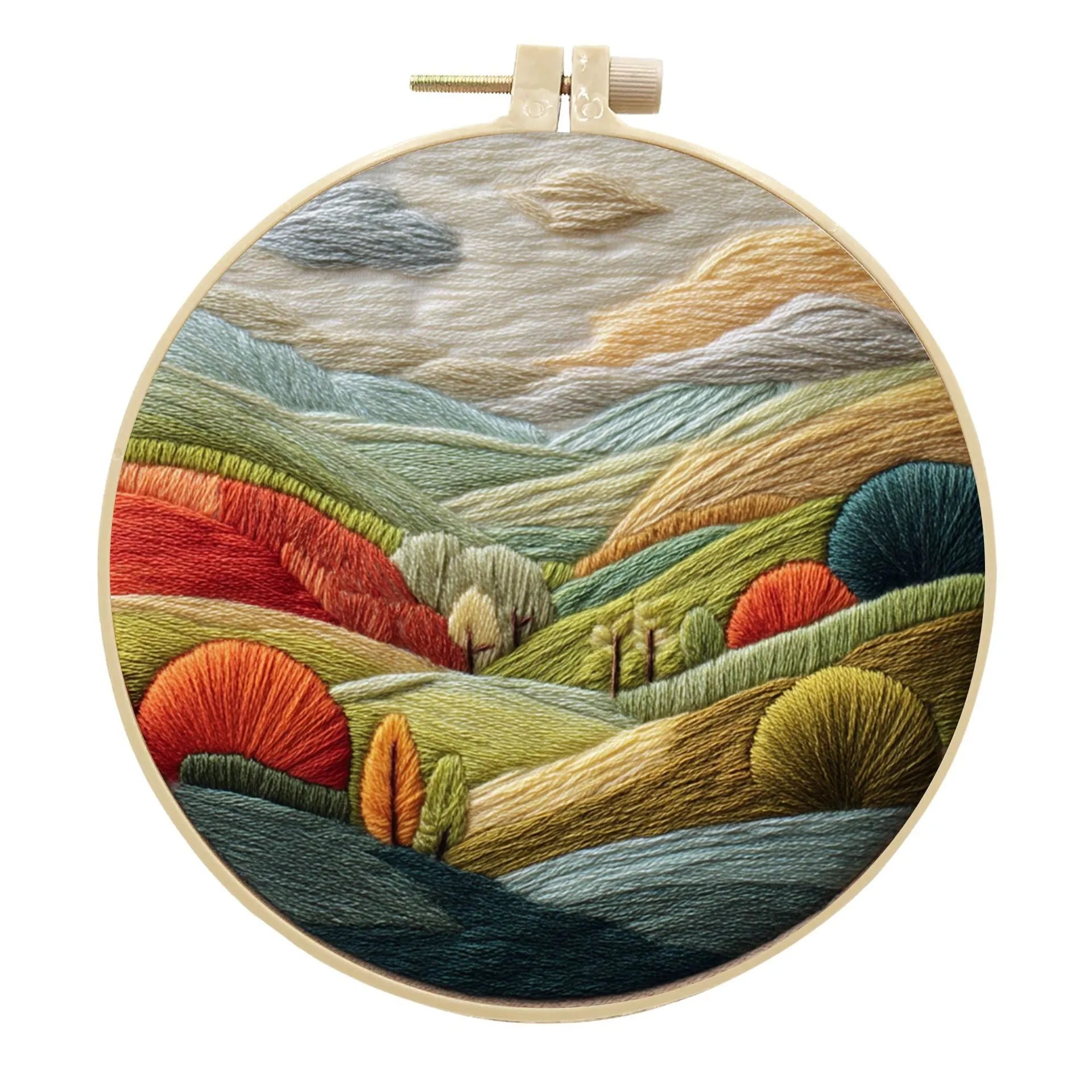 Embroidery DIY kit with landscape-printed cotton fabric, thread, needles, and a 15cm bamboo-style frame.
