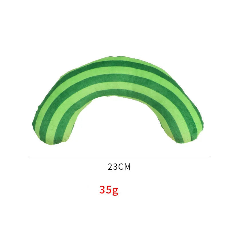 Striped pattern cat pillow toy with built-in catnip in green, rainbow, or yellow colours