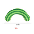 Striped pattern cat pillow toy with built-in catnip in green, rainbow, or yellow colours