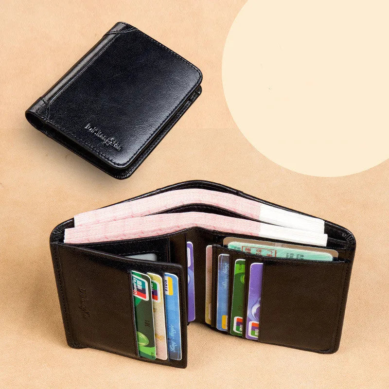 Men's leather wallet open showing photo slot, card holders, banknote section and change compartment