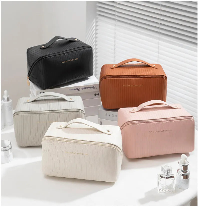 Vertical pattern PU makeup bag showing cubic 22.5cm shape in available colour options
