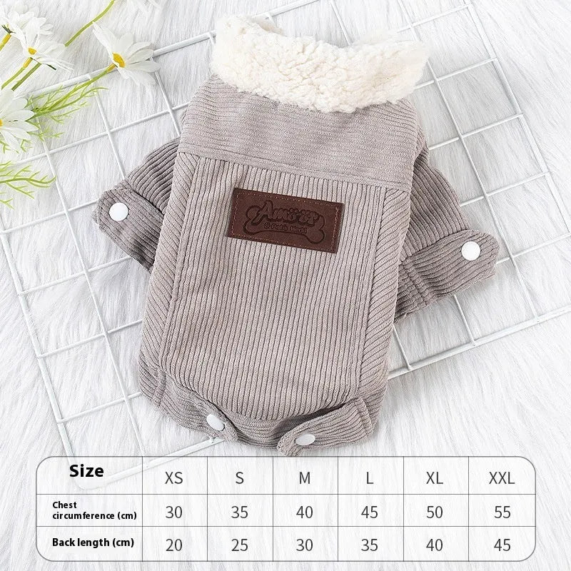 Grey lambswool dog vest with fleece lining shown on a dog model