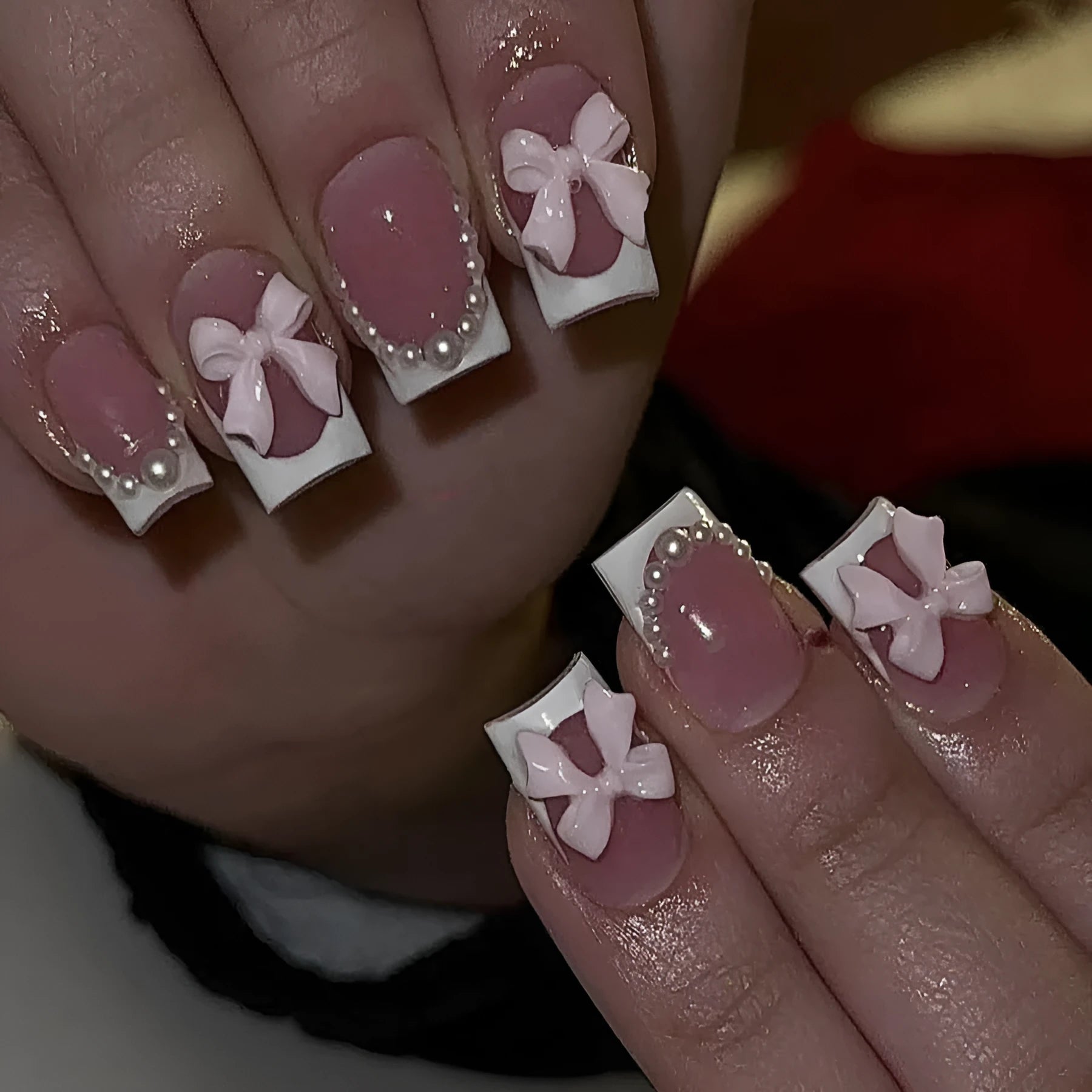 French manicure nail art set with bow, tulip, and starry sky designs on short European square nails