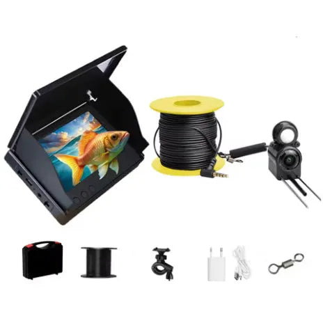 Fish finder underwater camera with 4.3-inch screen showing underwater view, night vision lights, and choice of cable lengths.