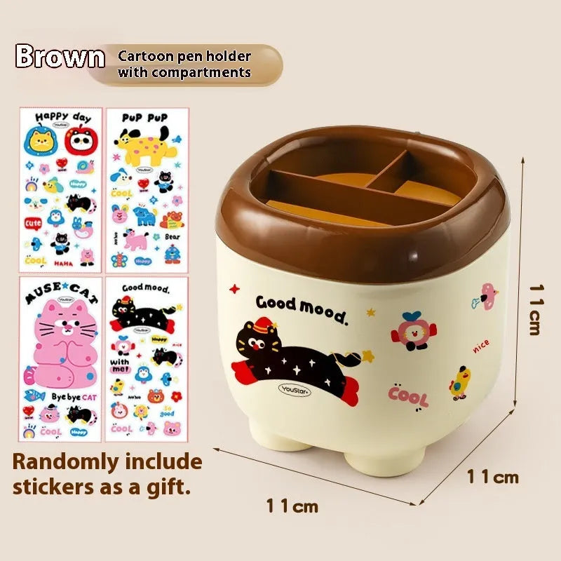 Red and brown cartoon-style plastic desktop storage organiser with grid compartments.