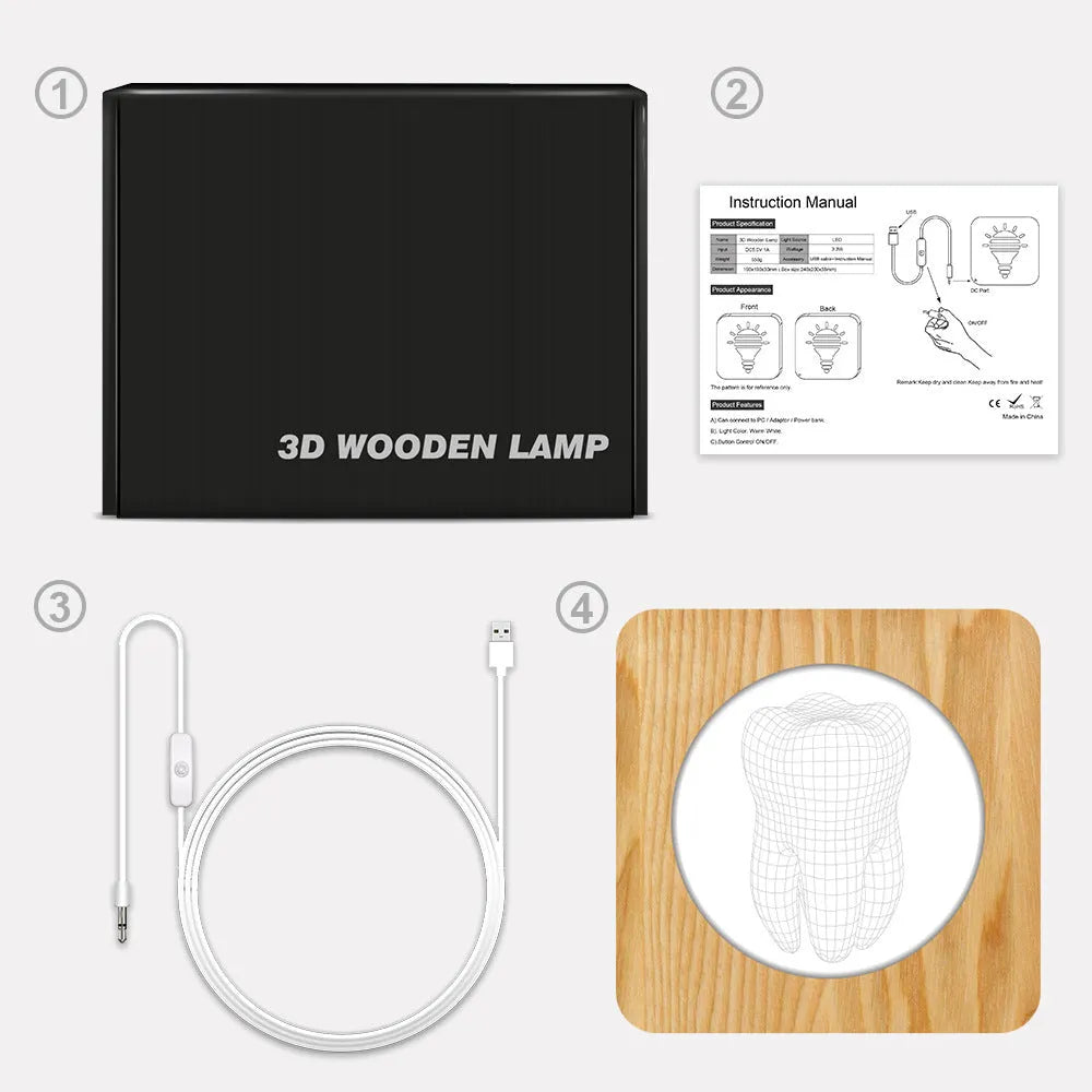 Tooth shaped wooden colour acrylic night lamp with USB cable on white background