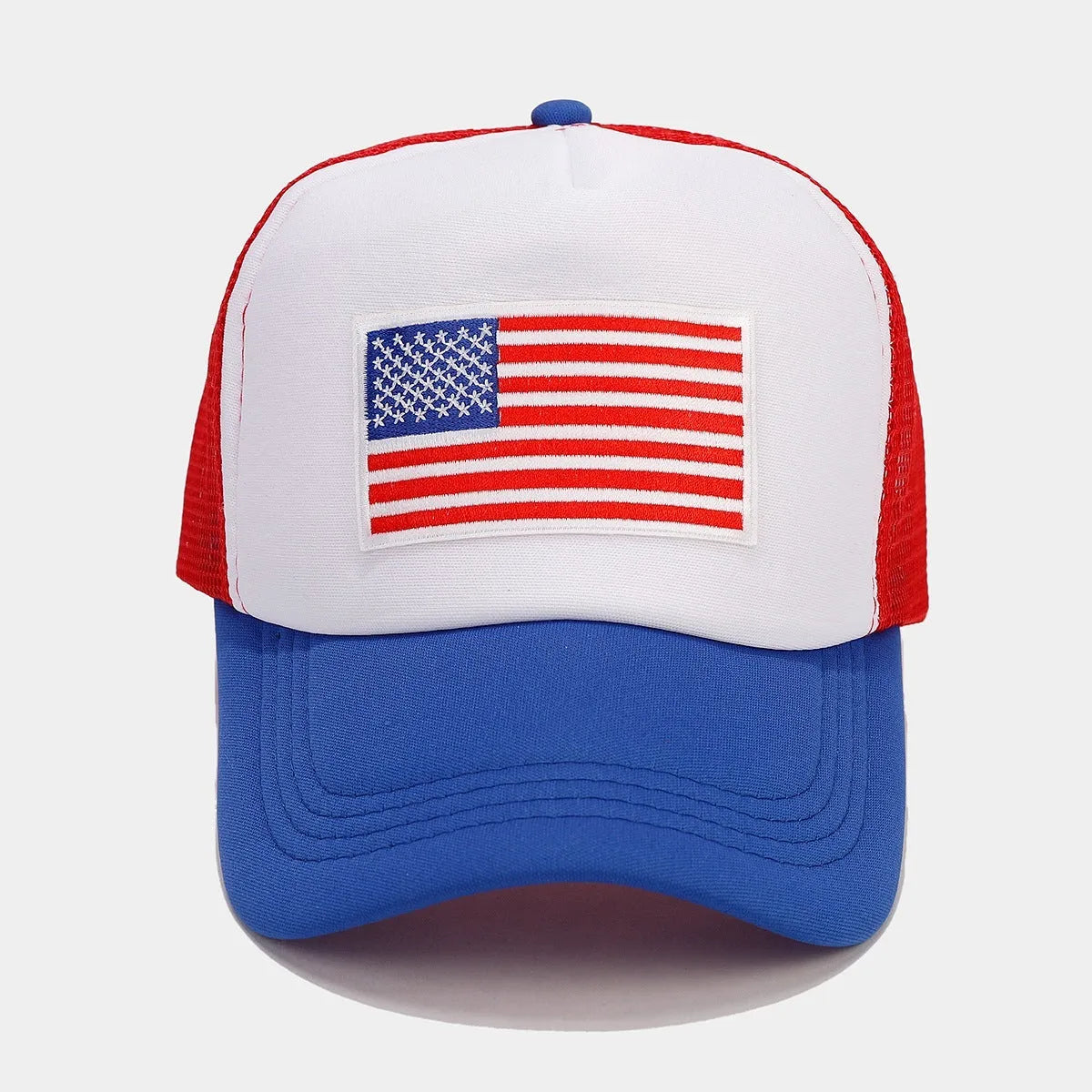 Red and blue two-tone breathable mesh baseball cap with adjustable strap and dome crown.