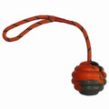 Multi-coloured rubber dog chew ball with rope knots measuring 6x30cm