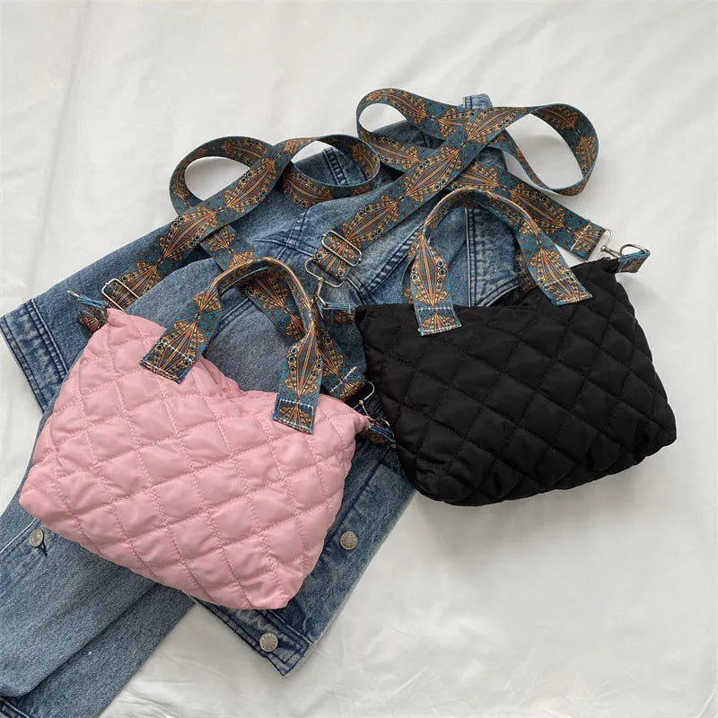 Soft Oxford cloth shoulder messenger bag with embroidery design and internal phone pocket in horizontal square shape