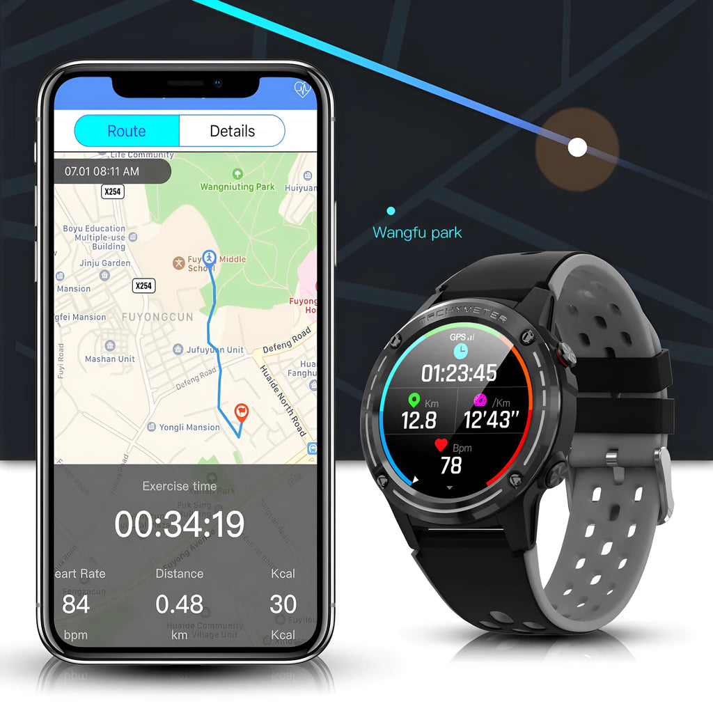 GPS smart watch with blue silicone strap showing 49mm case and display
