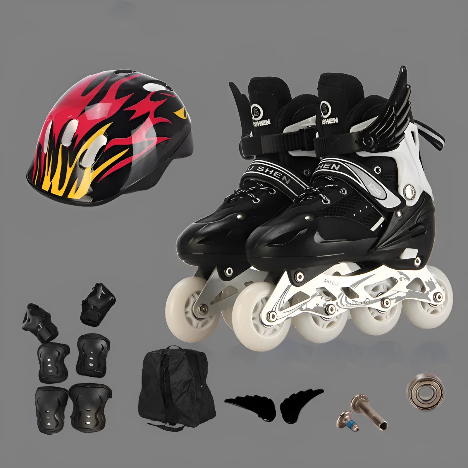 Children's roller skates with PU foam wheels in yellow, red, blue, black or pink, shown with protective helmet and pads.