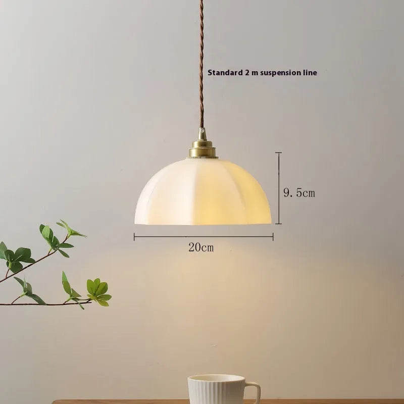 Small brass Chinese style droplight with copper glass shade for bedroom or dining room