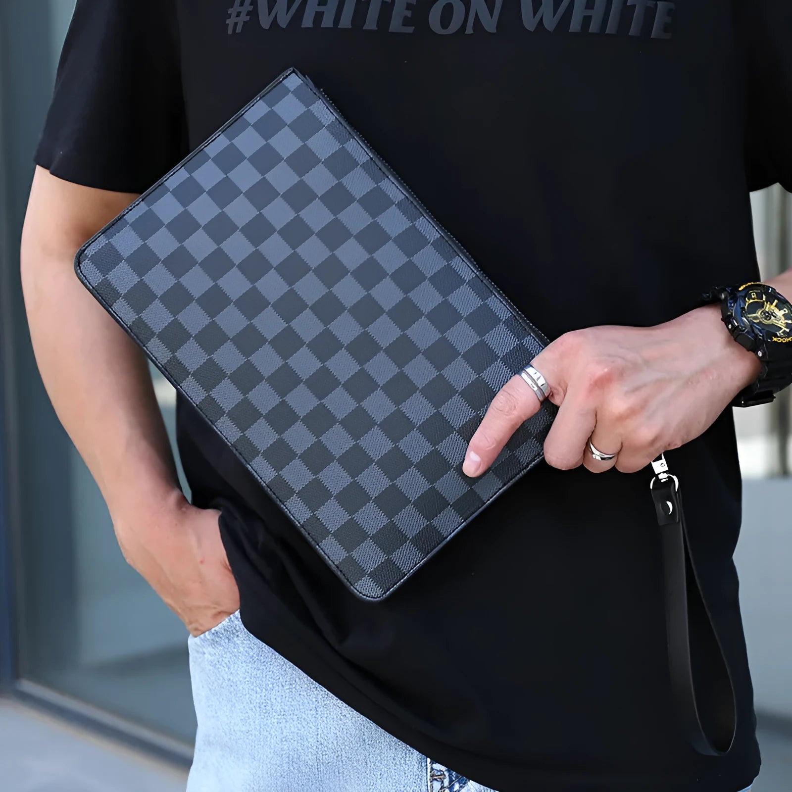 Men's black checkered PU leather business clutch wallet showing card slots and zipper pocket