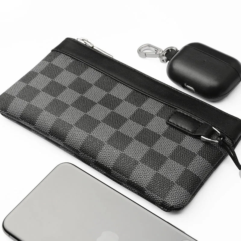 Men's black leather plaid clutch wallet showing 20x10cm dimensions and medium-hardness cowhide texture