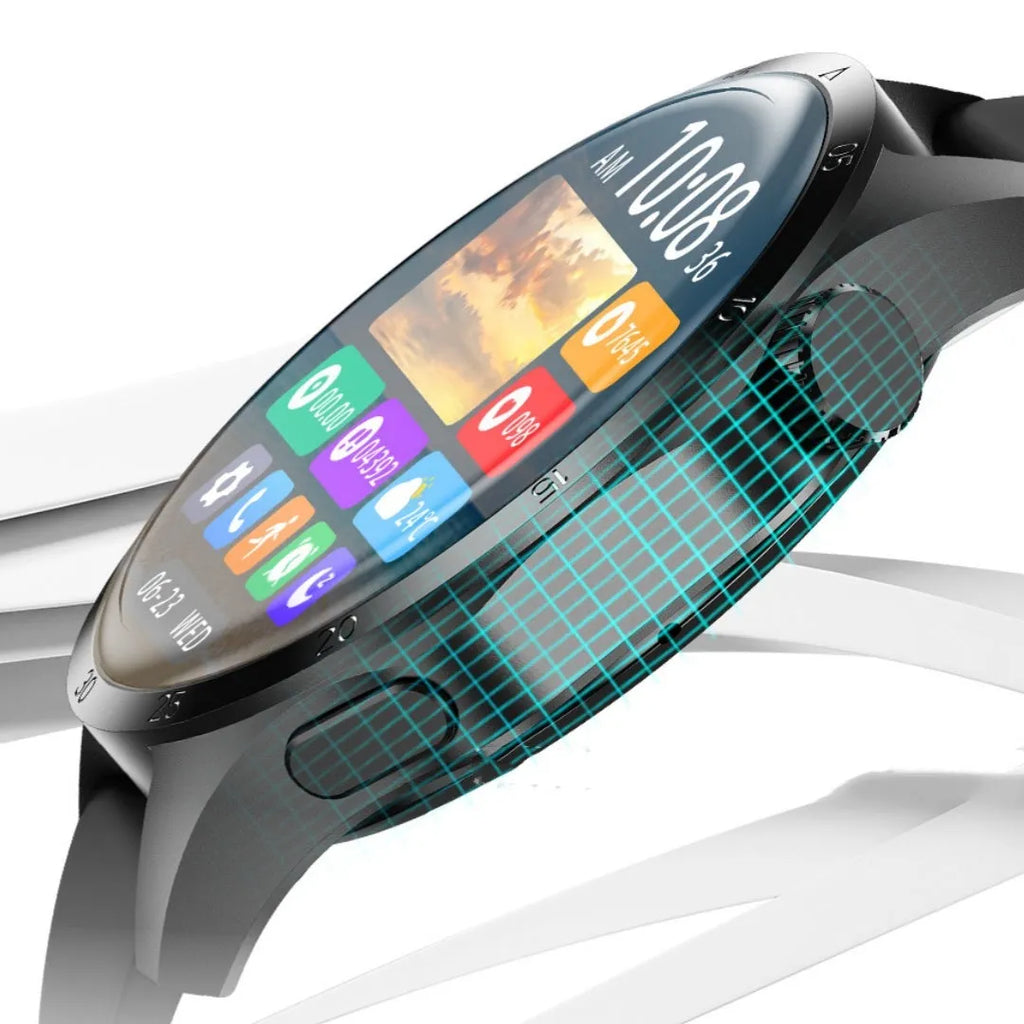 Black Bluetooth smartwatch with touch screen showing fitness stats, with silicone and Milan metal strap options.