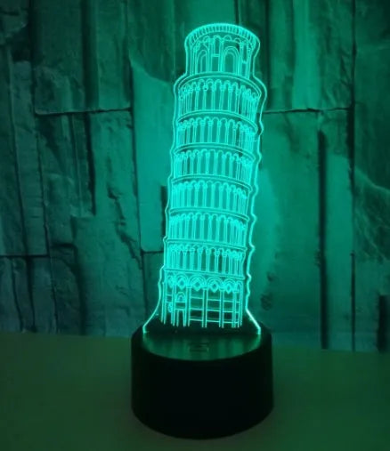 Leaning Tower of Pisa 3D acrylic nightlight with colour changing LEDs on black ABS base