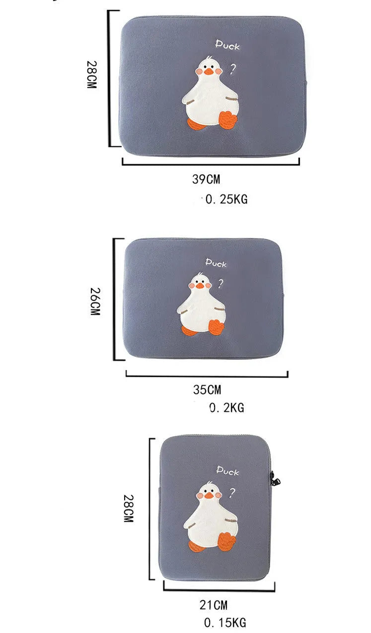 Cartoon cute duck embroidery tablet case with zipper closure in cotton material