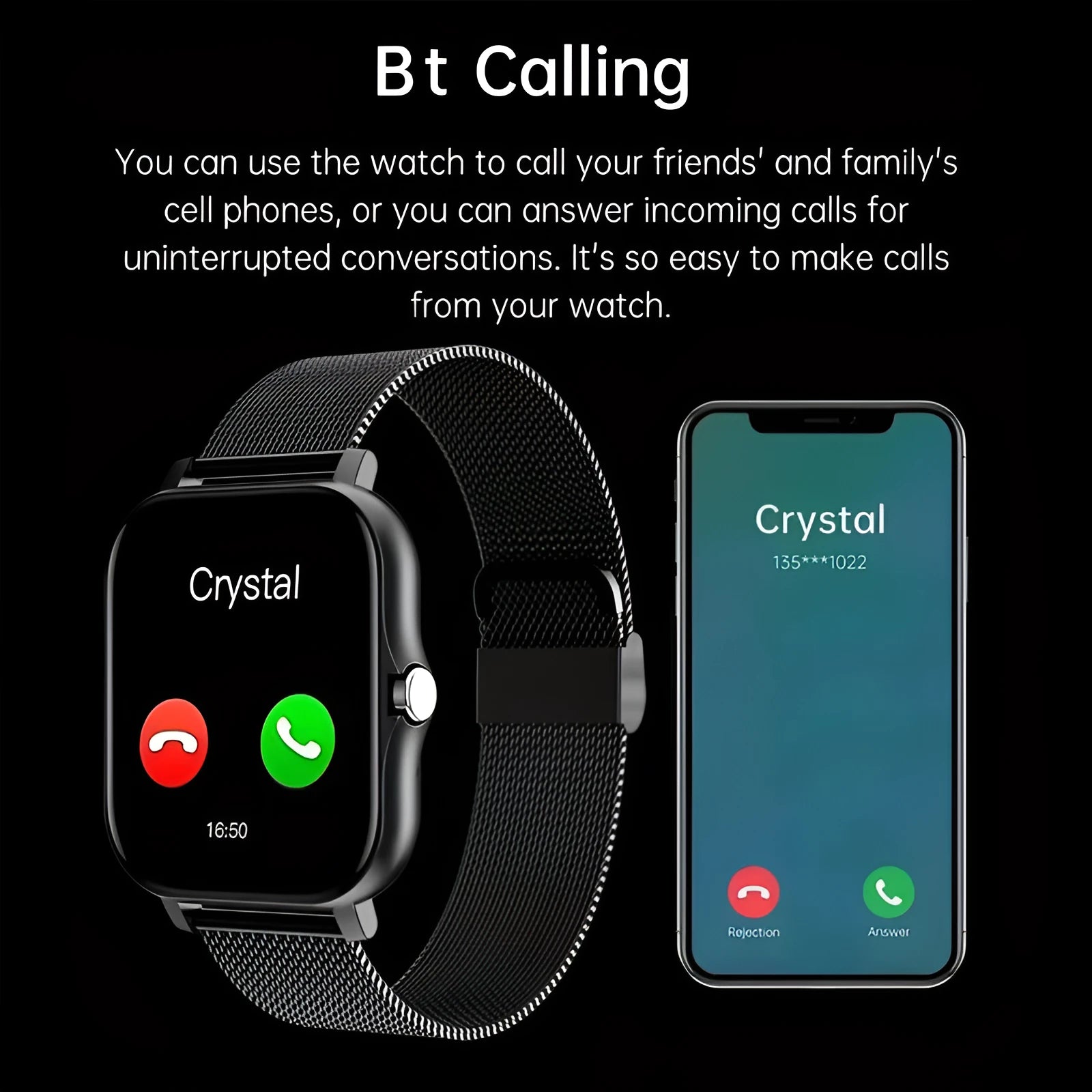 Smart watch with 1.44-inch touch screen showing heart rate and step count display on silicone wrist strap