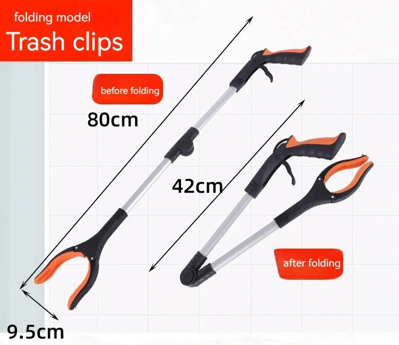 Foldable aluminium garbage clamp with extended silver rod and blue handle, showing magnet sucker attachment.