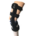Black anterior ligament knee pad with visible straps and metal splints on a white background.
