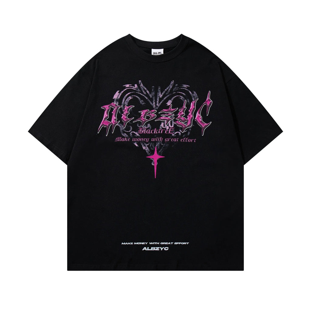 Men's black cotton t-shirt with retro printed design showing loose fit and short sleeves